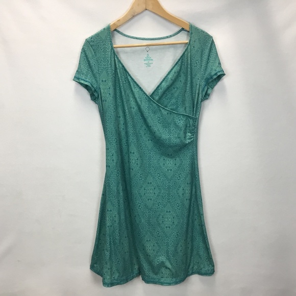 Prana Faux Wrap Short Sleeve Geo Print Athleisure Outdoor Hiking Dress Size M - Picture 2 of 7